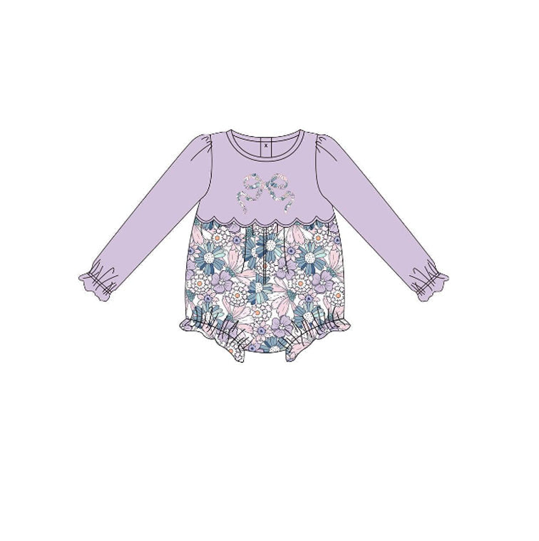Floral Baby Girls Infant Purple Long Sleeves Bow Flower Bubble Romper