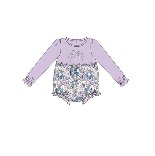 Floral Baby Girls Infant Purple Long Sleeves Bow Flower Bubble Romper