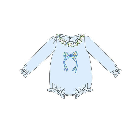 ( Moq 5 ) Preorder Baby Girls Infant Blue Long Sleeves Floral Bows Bubble Romper