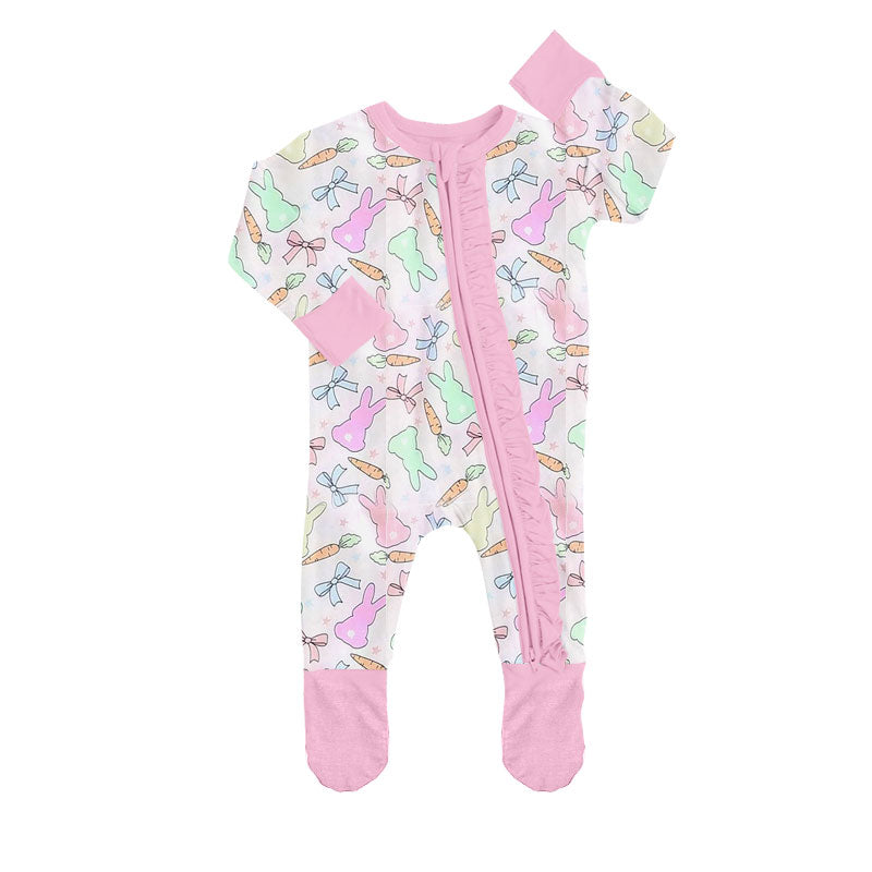 ( Moq 5 ) Preorder Baby Girls Rabbits Carrots Bows Easter Ruffle Zipper Footie Sleeper Romper