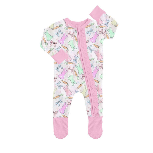( Moq 5 ) Preorder Baby Girls Rabbits Carrots Bows Easter Ruffle Zipper Footie Sleeper Romper