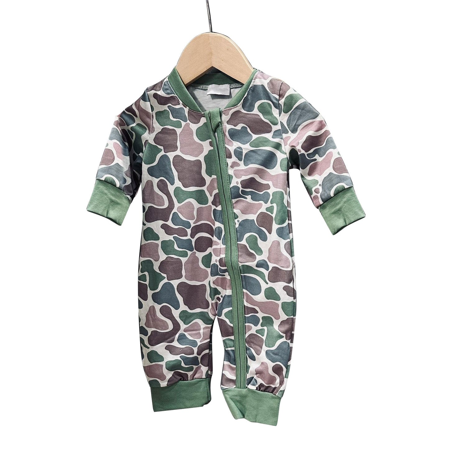 ( Moq 5 ) Preorder Baby Boys Long Sleeves Camo Green Zipper Southern Footie Sleeper Romper