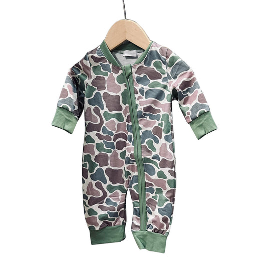 ( Moq 5 ) Preorder Baby Boys Long Sleeves Camo Green Zipper Southern Footie Sleeper Romper