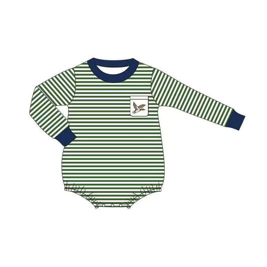 ( Moq 5 ) Preorder Baby Boys Green Stripes Duck Pocket Hunting Romper
