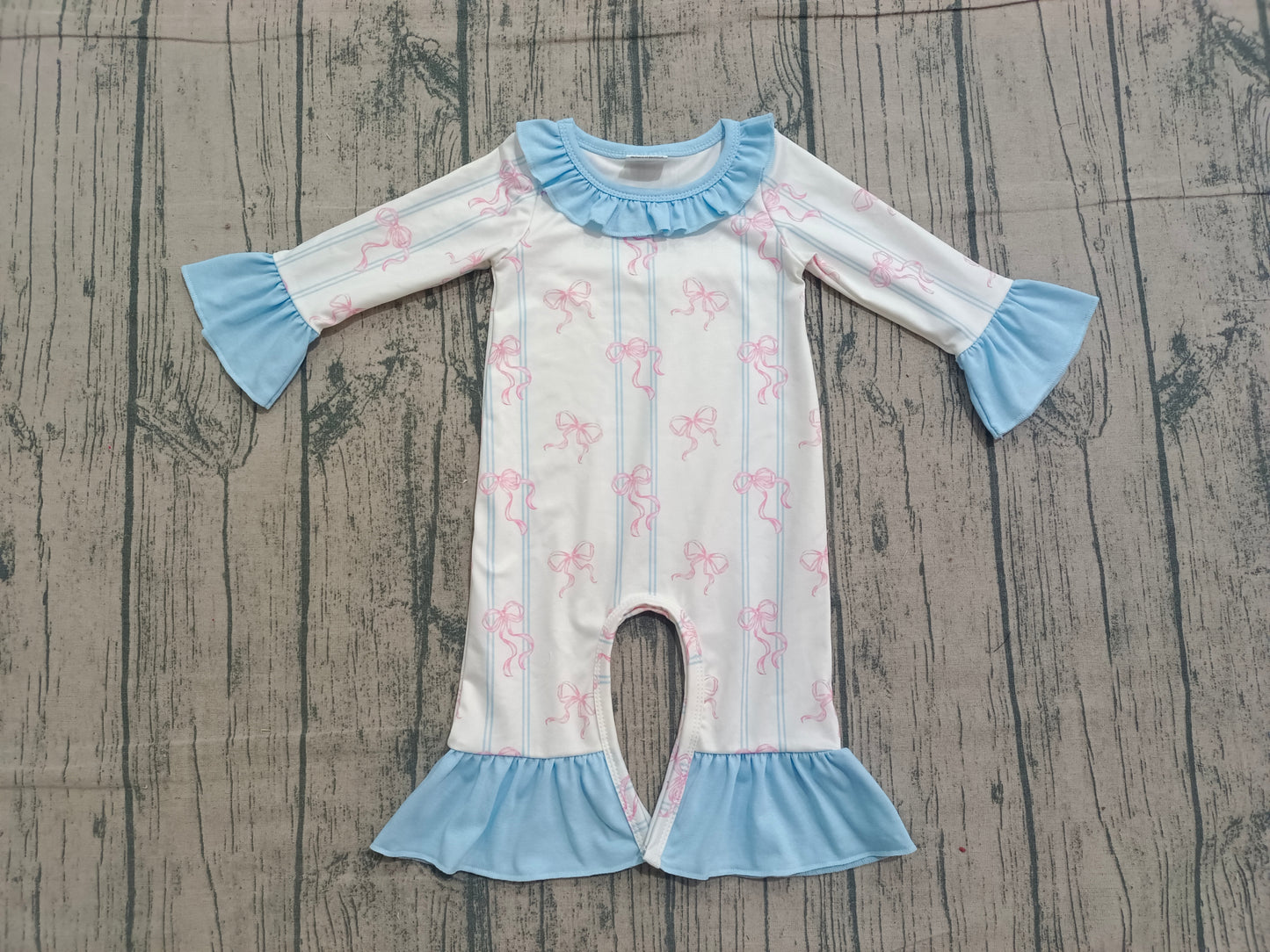 Baby Girls Infant Long Sleeves Bows Stripes Blue Ruffle Romper RTS