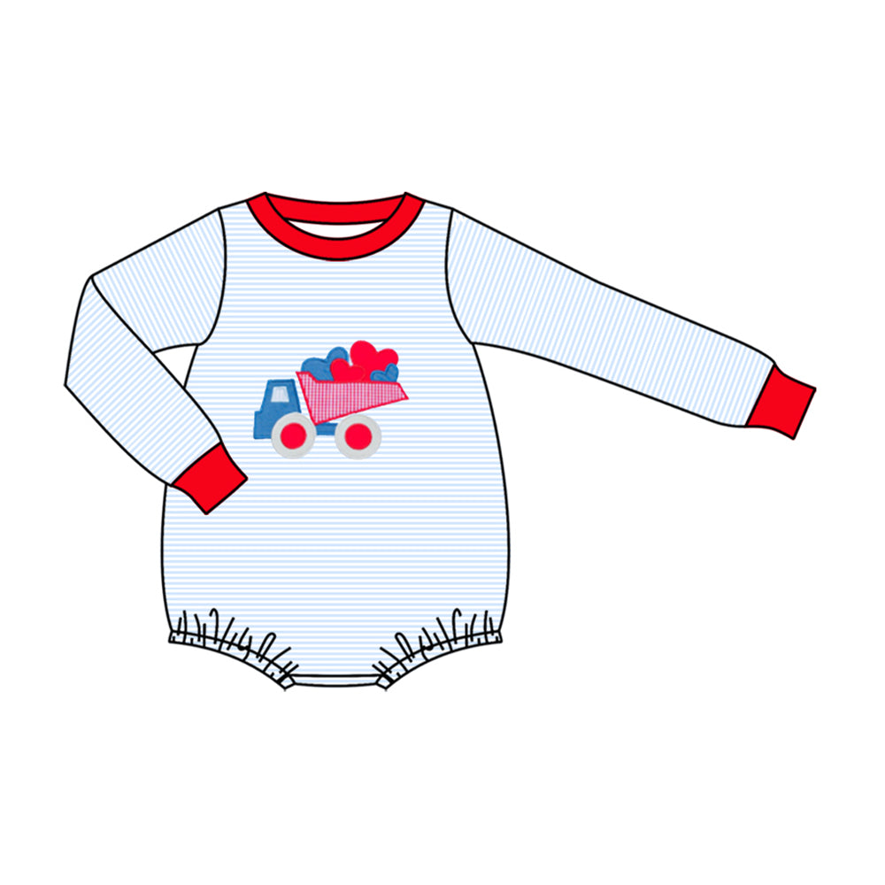 ( Moq 5 ) Preorder Baby Boys Long Sleeves Blue Stripes Hearts Truck Valentine Romper
