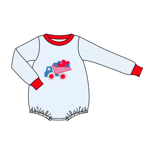 ( Moq 5 ) Preorder Baby Boys Long Sleeves Blue Stripes Hearts Truck Valentine Romper