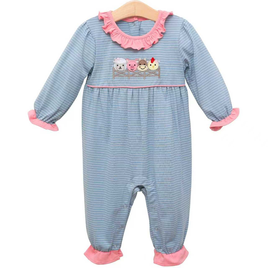 ( Moq 5 ) Preorder Baby Girls Long Sleeves Farm Animals Stripes Ruffle Romper
