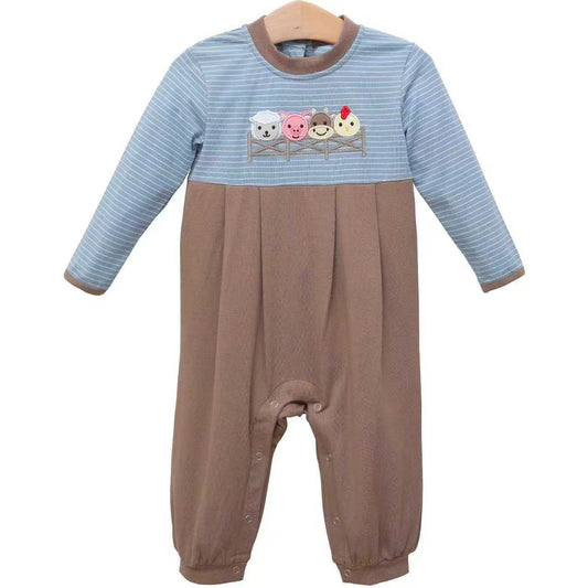 ( Moq 5 ) Preorder Baby Boys Farm Animals Stripes Buttons Romper