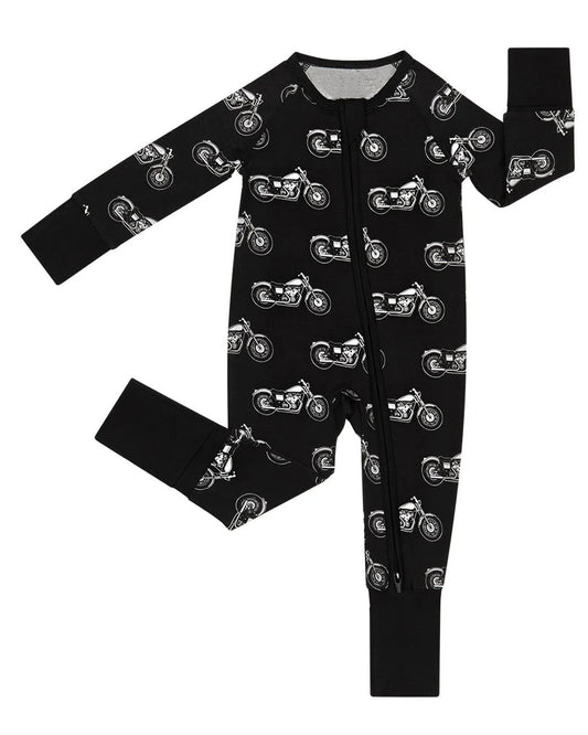 ( Moq 5 ) Preorder Baby Boys Infant Long Sleeves Motorcycles Zipper Sleeper Black Footie Romper