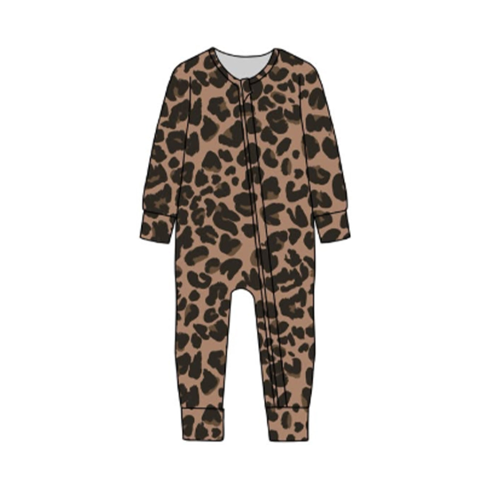 ( Moq 5 ) Preorder Baby Kids Infant Long Sleeves Brown Leopard Zipper Sleeper Romper
