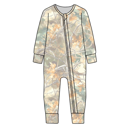 ( Moq 5 )  Preorder Baby Boys Leaves Camo Pattern Zipper Sleeper Romper