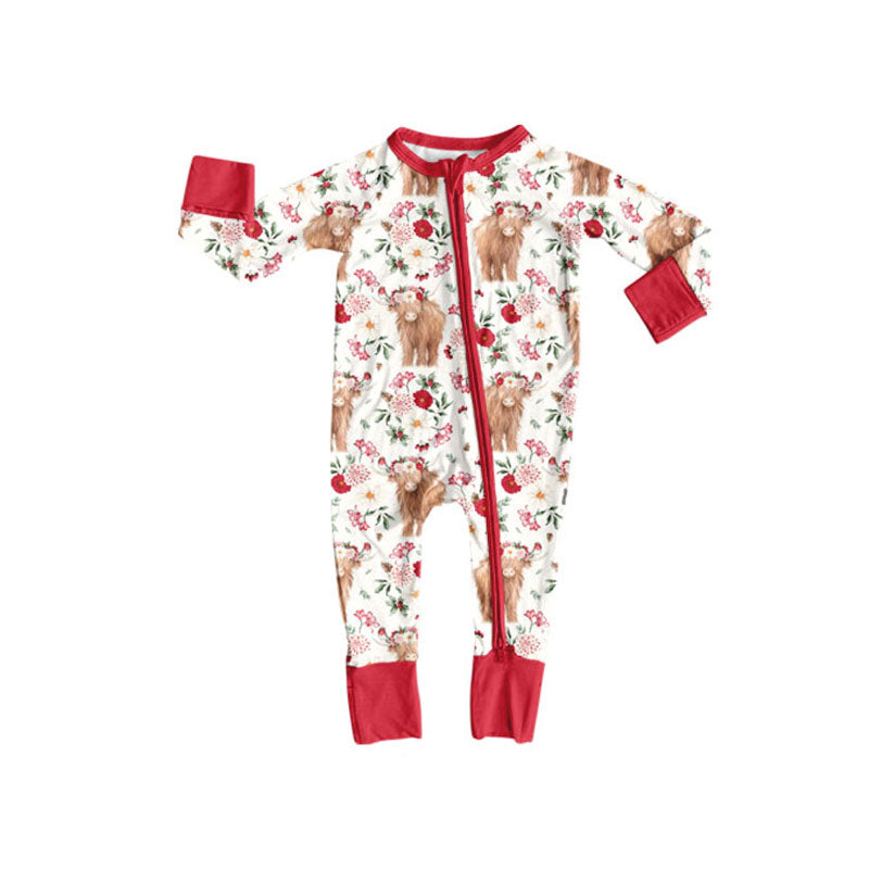 ( Moq 5 ) Preorder Baby Girls Long Sleeves Cow Flower Western Zipper Sleeper Romper