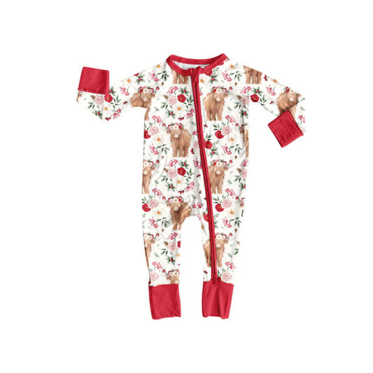 ( Moq 5 ) Preorder Baby Girls Long Sleeves Cow Flower Western Zipper Sleeper Romper