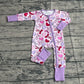 Baby Girls Long Sleevses Hearts Bows Valentine Purple Zipper Sleeper Romper RTS