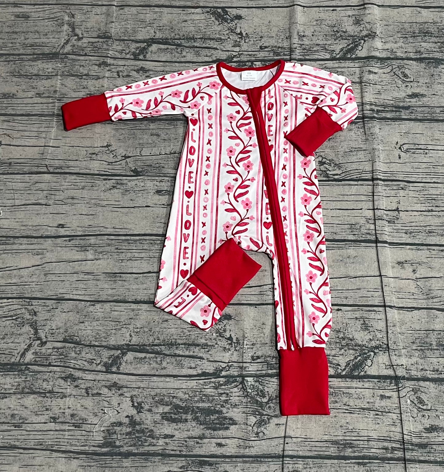 Baby Girls Long Sleeves Flower Hearts Valentine Red Zipper Sleeper Romper RTS