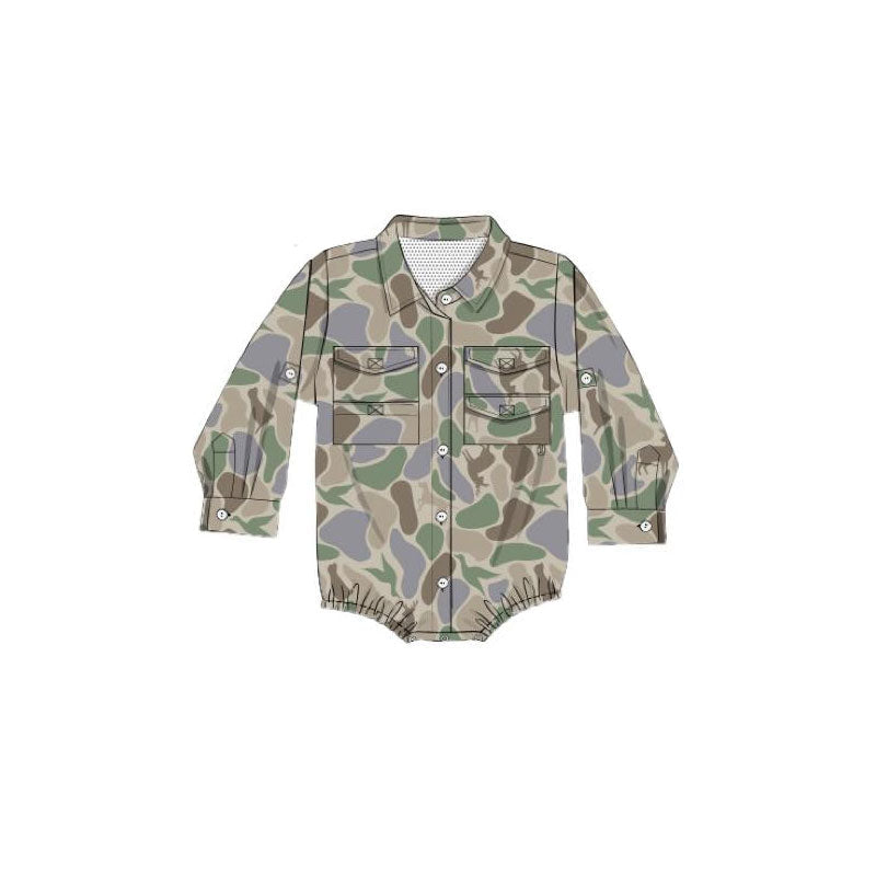 ( Moq 5 ) Preorder Baby Boys Long Sleeves Ducks Deer Dogs Camo Pockets Buttons Romper