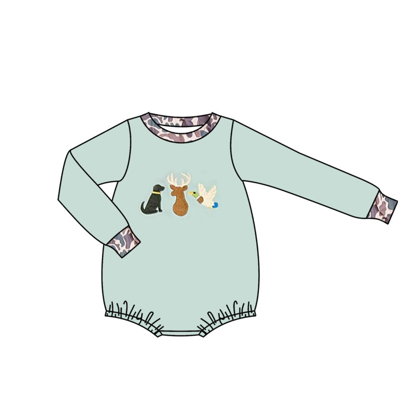 ( Moq 5 ) Preorder Baby Boys Green Long Sleeves Dogs Ducks Deer Bubble Romper