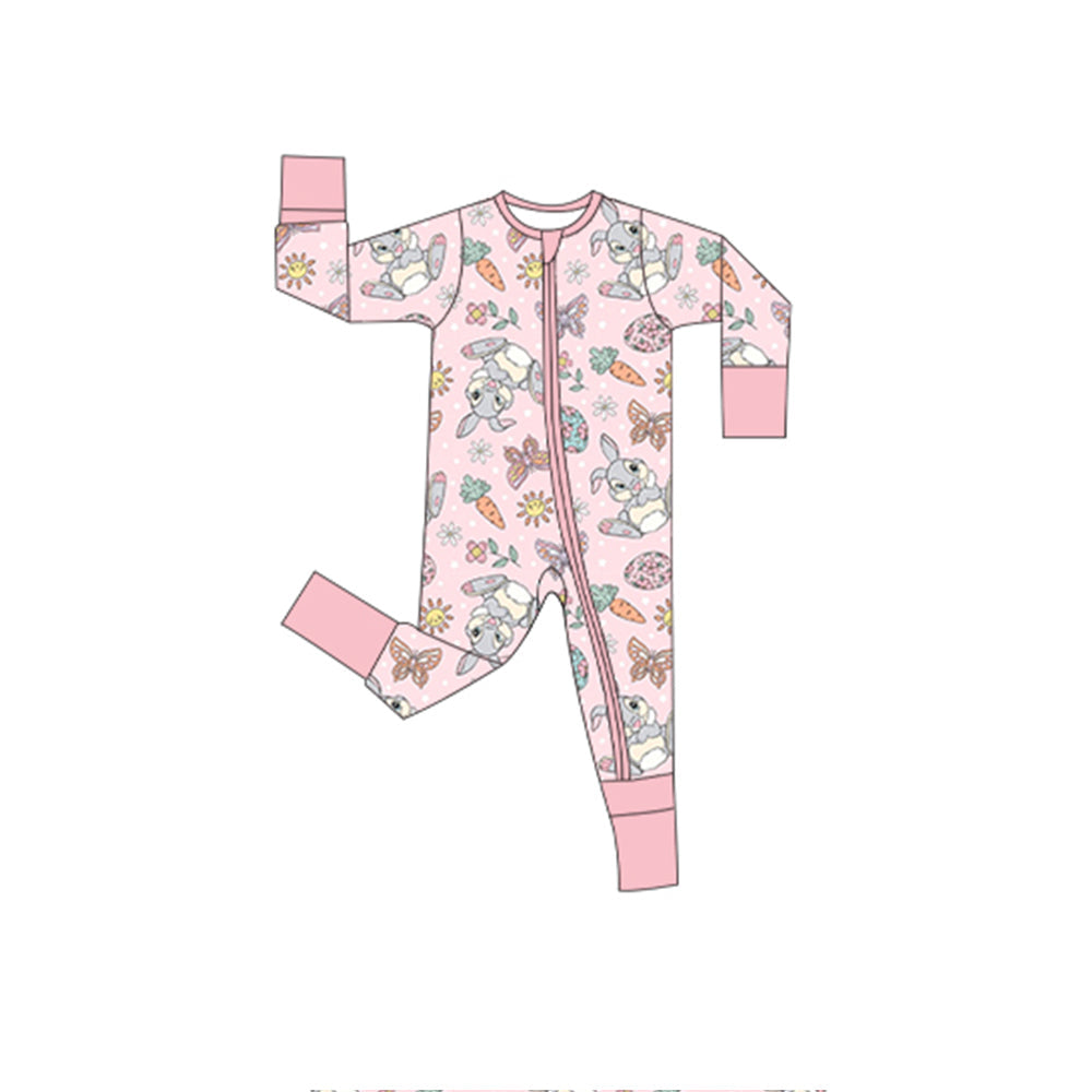 ( Moq 5 ) Preorder Baby Girls Long Sleeves Rabbits Carrots Flower Easter Zipper Sleeper Romper