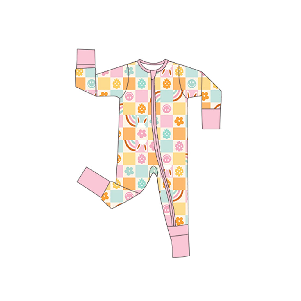 ( Moq 5 ) Preorder Baby Girls Long Sleeves Rabbits Flower Easter Zipper Sleeper Romper