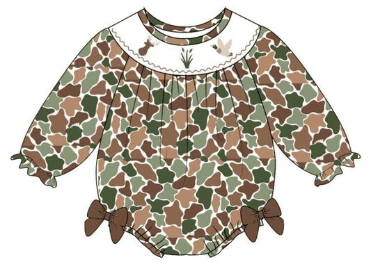( Moq 5 ) Preorder Baby Girls Long Sleeves Ducks Deer Camo Bows Bubble Romper