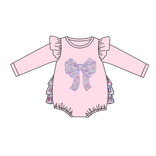( Moq 5 ) Preorder Baby Girls Pink Long Sleeves Floral Bow Ruffle Bubble Romper