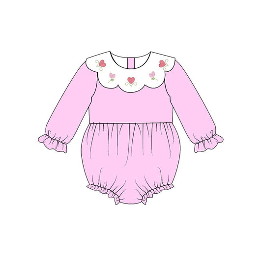 ( Moq 5 ) Preorder Baby Girls Pink Long Sleeves Hearts Flower Valentine Bubble Romper