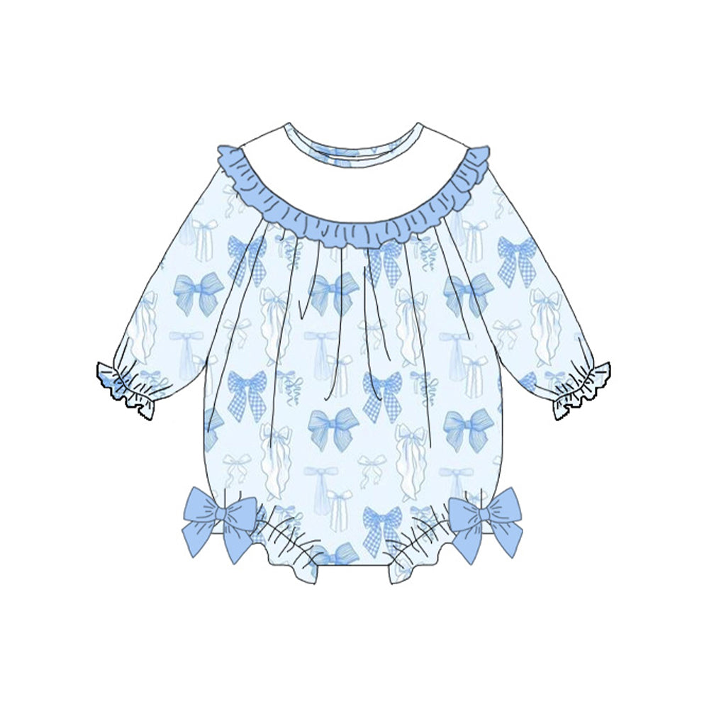 ( Moq 5 ) Preorder Baby Girls Long Sleeves Blue Bows Ruffle Bubble Romper