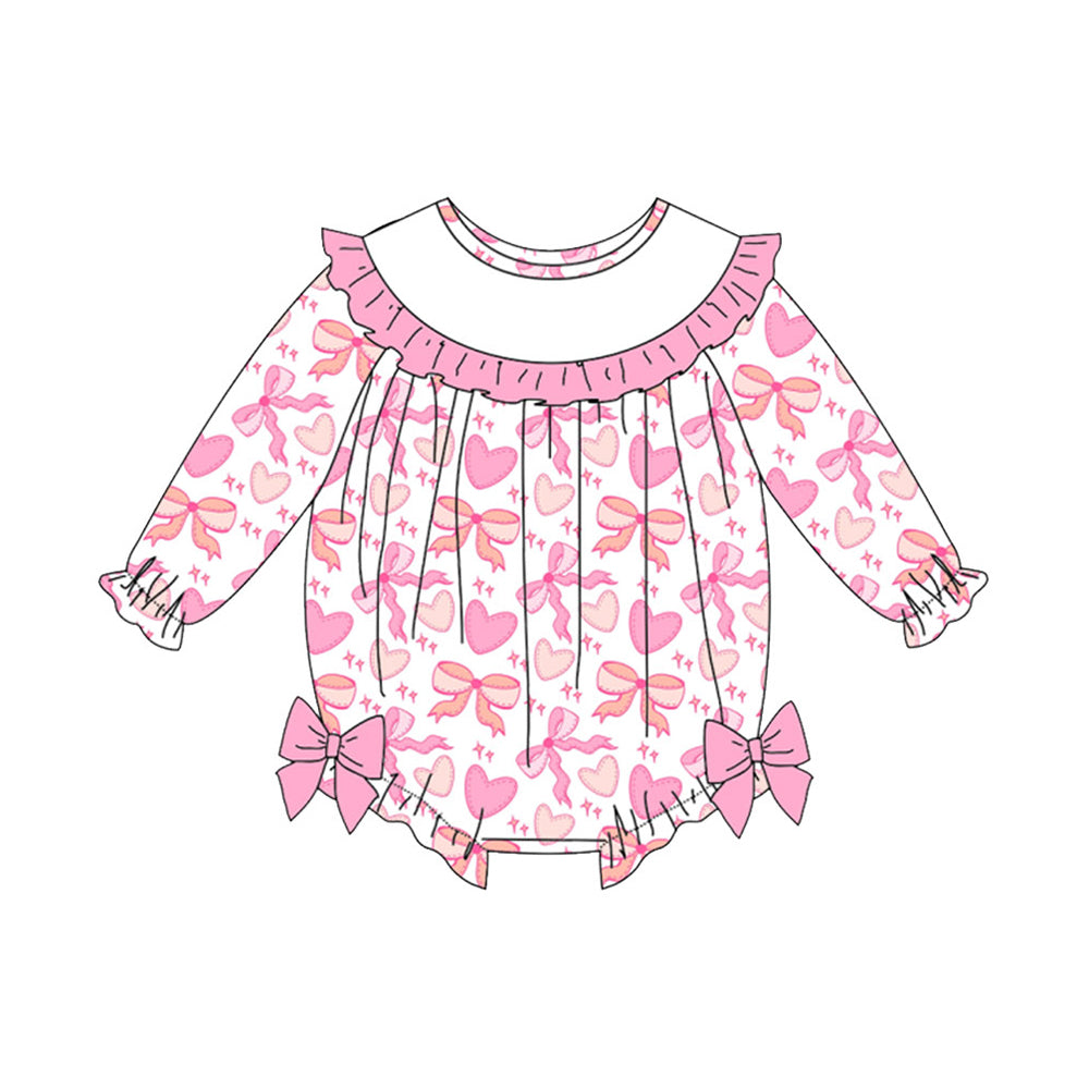 ( Moq 5 ) Preorder Baby Girls Long Sleeves Pink Bows Hearts Valentine Ruffle Romper