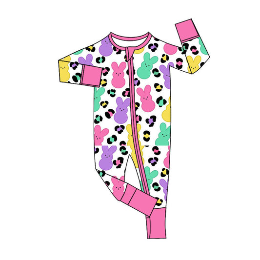 ( Moq 5 ) Preorder Baby Girls Long Sleeves Rabbits Leopard Easter Zipper Footie Sleeper Romper