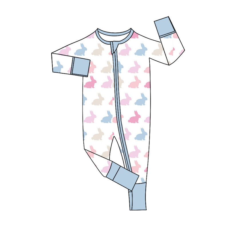 ( Moq 5 ) Preorder Baby Kids Infant Long Sleeves Rabbits Easter Blue Zipper Footie Sleeper Romper