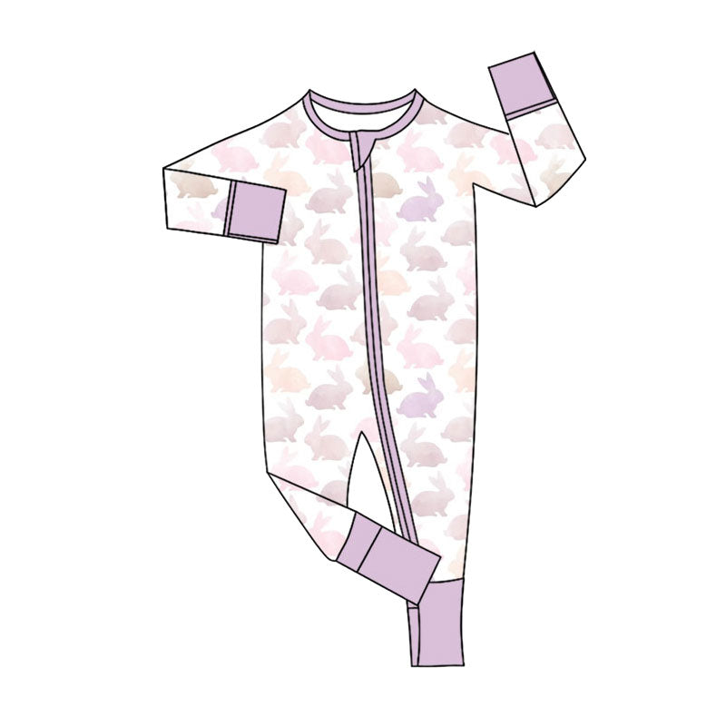 ( Moq 5 ) Preorder Baby Girls Infant Long Sleeves Rabbits Easter Purple Zipper Footie Sleeper Romper