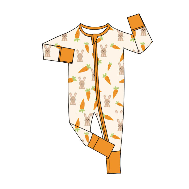 ( Moq 5 ) Preorder Baby Kids Infant Long Sleeves Carrots Rabbits Easter Orange Zipper Footie Sleeper Romper