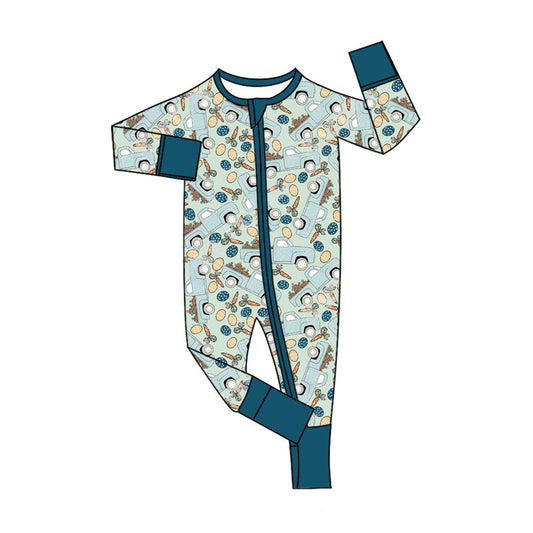 ( Moq 5 ) Preorder Baby Boys Long Sleeves Trucks Eggs Carrots Easter Zipper Sleeper Romper