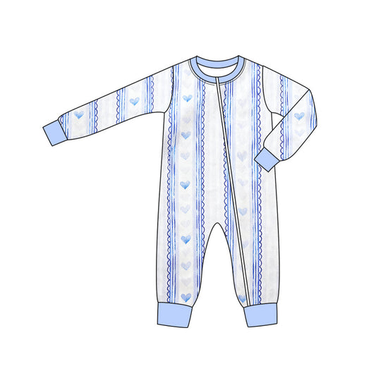 ( Moq 5 ) Preorder Baby Boys Long Sleeves Blue Hearts Stripes Valentine Zipper Sleeper Romper