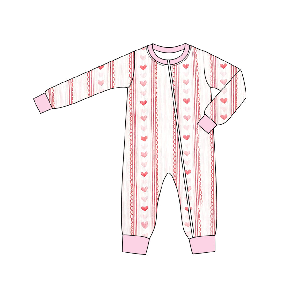 ( Moq 5 ) Preorder Baby Girls Long Sleeves Hearts Stripes Valentine Zipper Sleeper Romper