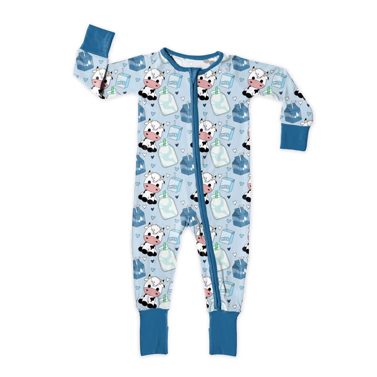 ( Moq 5 ) Preorder Baby Boys Long Sleeves Cows Milks Hearts Farm Zipper Footie Sleeper Romper