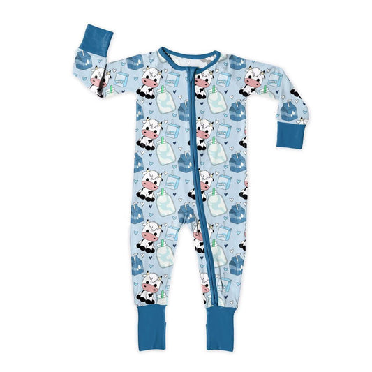 ( Moq 5 ) Preorder Baby Boys Long Sleeves Cows Milks Hearts Farm Zipper Footie Sleeper Romper