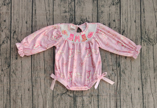 ( No moq ) Preorder Baby Girls Long Sleeves Embroidery Smocked Boots Bows Flower Western Pink Romper