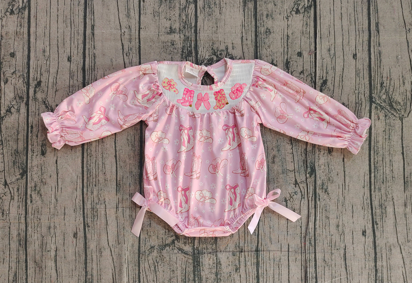 ( No moq ) Preorder Baby Girls Long Sleeves Embroidery Smocked Boots Bows Flower Western Pink Romper