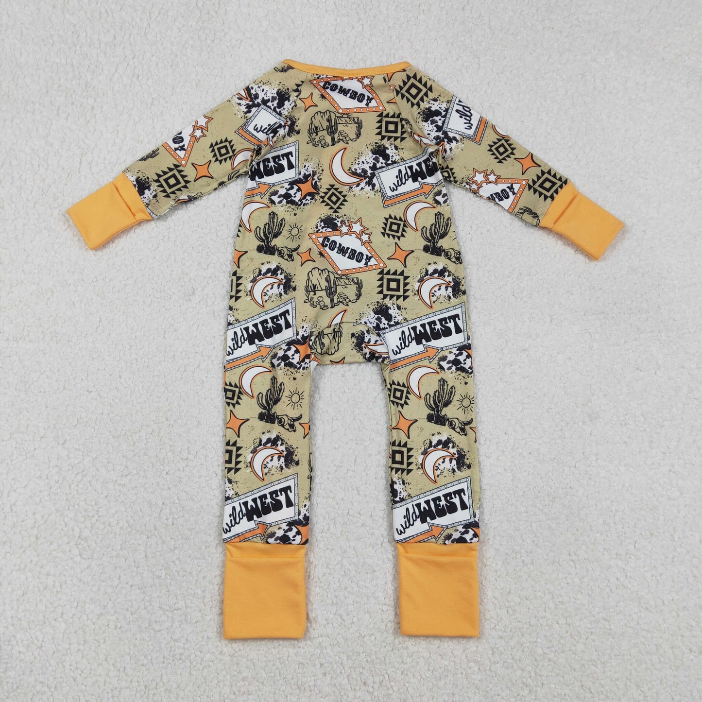 Sibling Baby Boys Girls Long Sleeves Boots Cactus Western Cow Print Zipper Footie Sleeper Rompers RTS