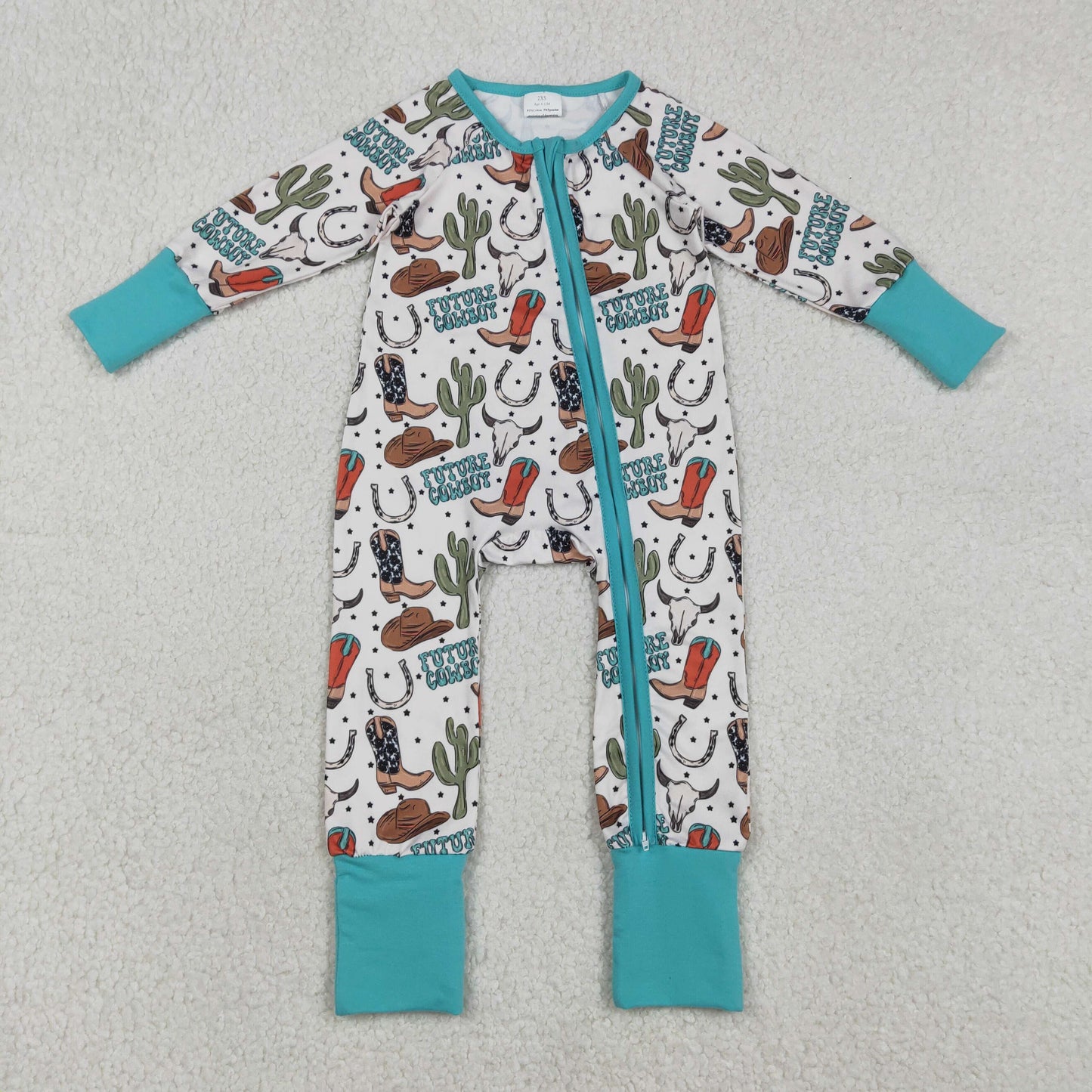 Sibling Baby Boys Girls Long Sleeves Boots Cactus Western Cow Print Zipper Footie Sleeper Rompers RTS