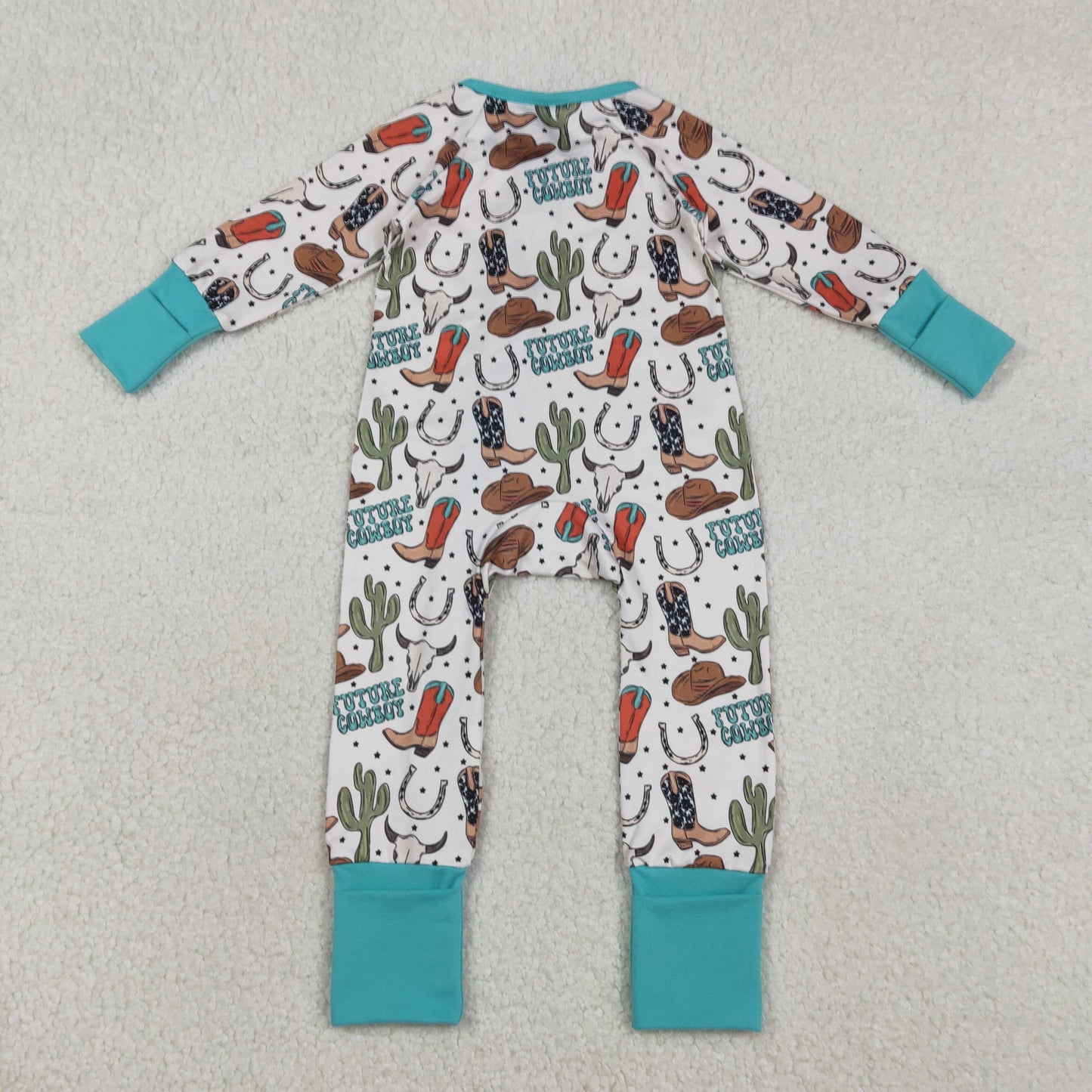 Sibling Baby Boys Girls Long Sleeves Boots Cactus Western Cow Print Zipper Footie Sleeper Rompers RTS