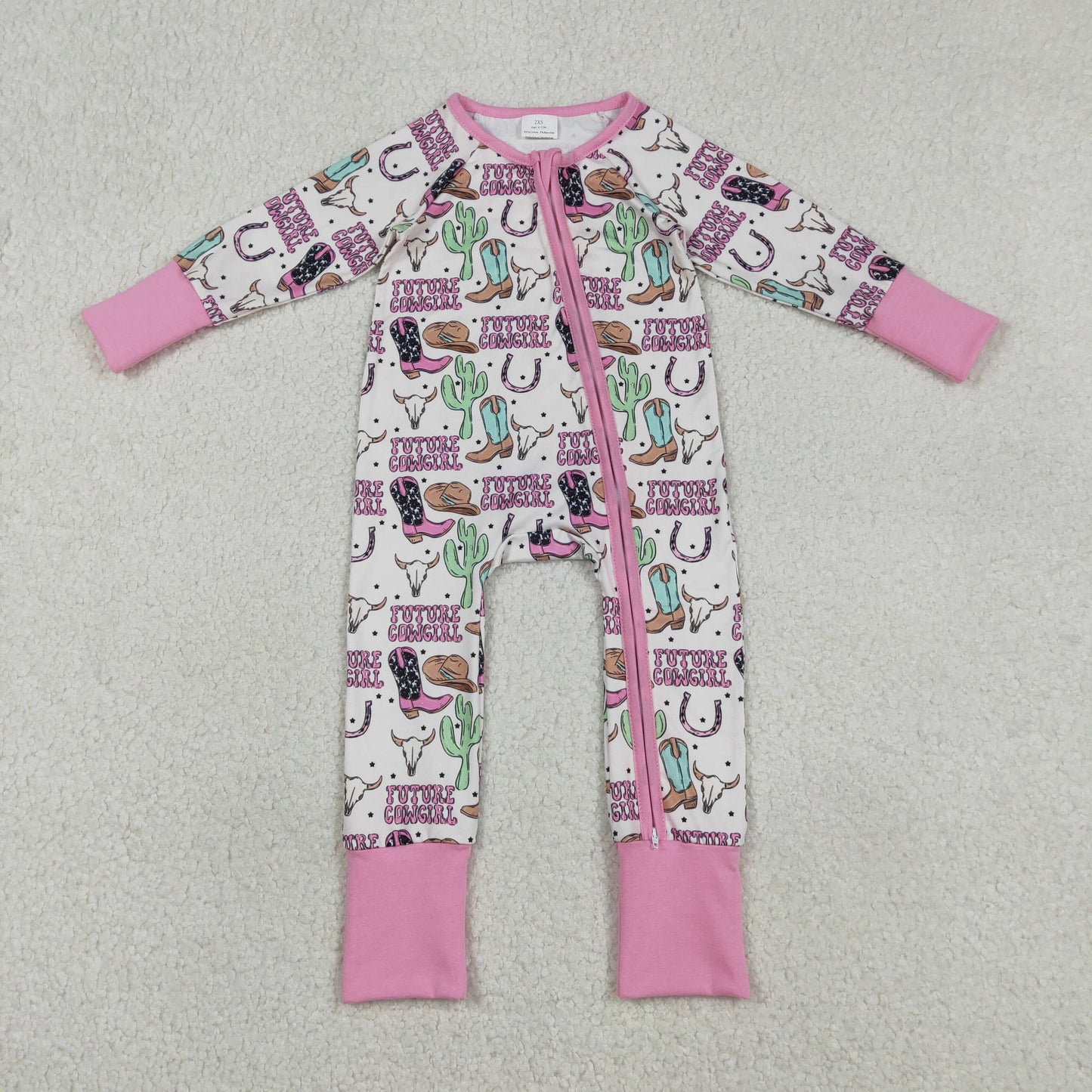 Sibling Baby Boys Girls Long Sleeves Boots Cactus Western Cow Print Zipper Footie Sleeper Rompers RTS