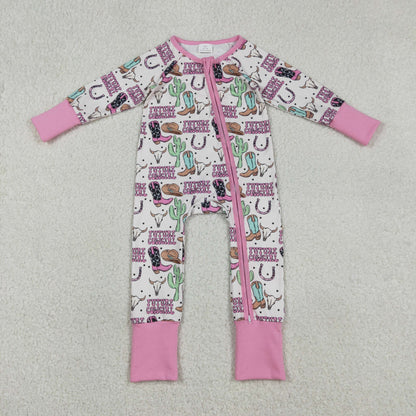 Sibling Baby Boys Girls Long Sleeves Boots Cactus Western Cow Print Zipper Footie Sleeper Rompers RTS
