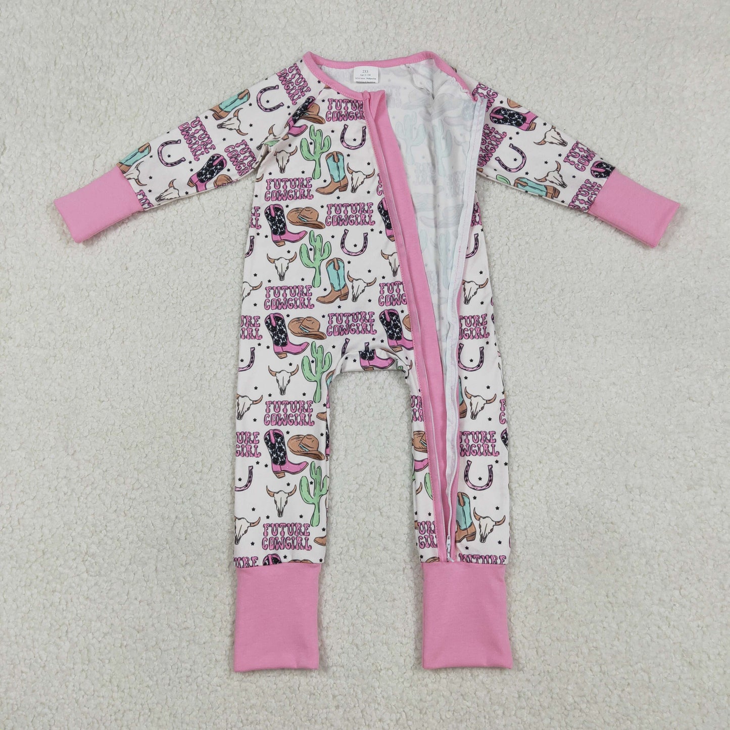 Sibling Baby Boys Girls Long Sleeves Boots Cactus Western Cow Print Zipper Footie Sleeper Rompers RTS