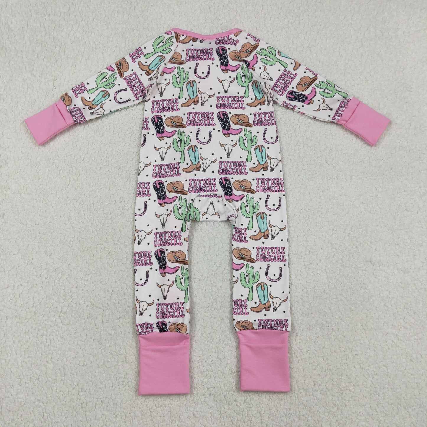 Sibling Baby Boys Girls Long Sleeves Boots Cactus Western Cow Print Zipper Footie Sleeper Rompers RTS