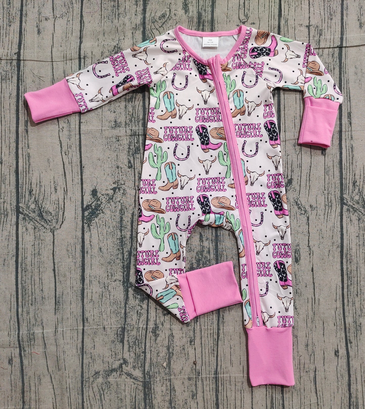 Baby Girls Long Sleeves Boots Cactus Cowgirl Zipper Footie Sleeper Romper RTS