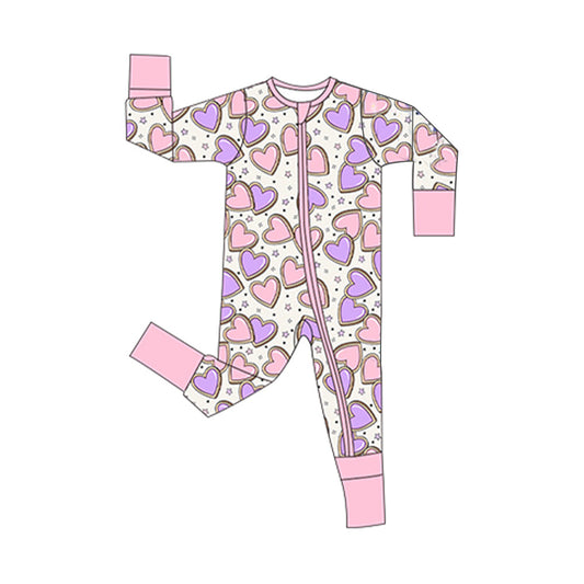 ( Moq 5 ) Preorder Baby Girls Long Sleeves Hearts Pink Zipper Sleeper Valentine Romper