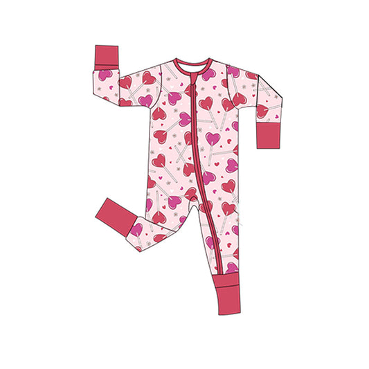 ( Moq 5 ) Preorder Baby Girls Long Sleeves Hearts Red Zipper Sleeper Valentine Romper